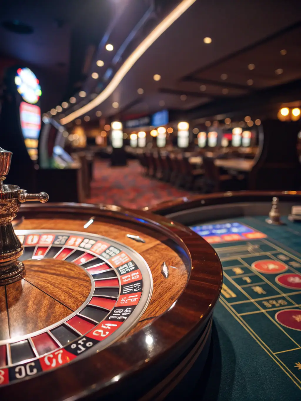 A vibrant image of a roulette wheel spinning in a casino, surrounded by chips and cards, representing the excitement of casino games on 777 bet.